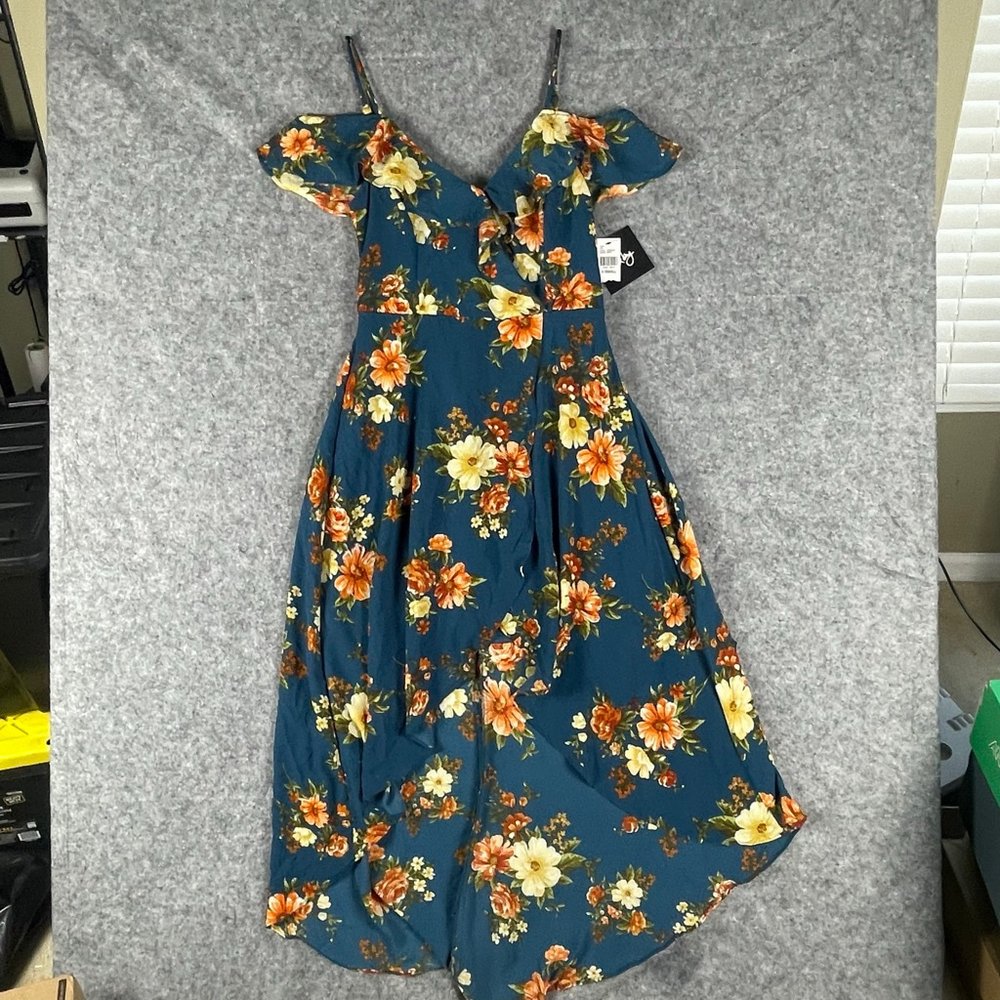 By & By NWT Women’s Floral High-Low Maxi Dress Teal Cold Shoulder Boho Ruffle XS - Picture 2 of 12